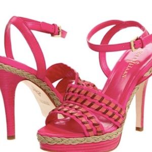 COLE HAAN VERY GENTLY WORN STILETTO BEAUTIFUL PINK LEATHER W/RAFFIA SZ 8.5